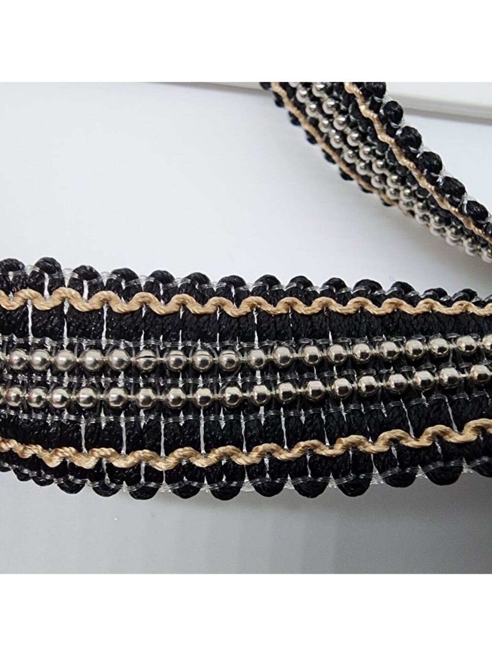 Upholstery Gimp Trim Silver Beaded 2 Pieces 5 Yards Black & Tan 1" Wide Sewing